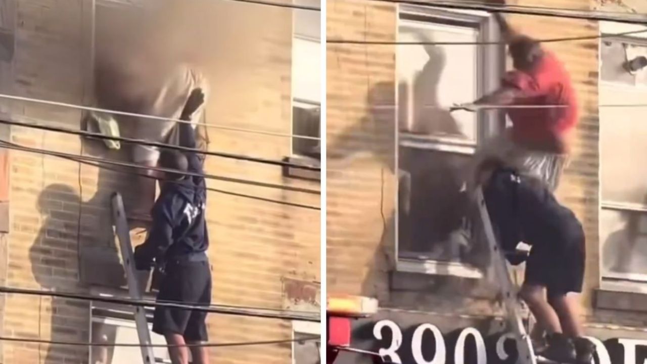 Migrante en EU se le cae a bomberos que lo rescataban de incendio y muere al insante | IMÁGENES FUERTES